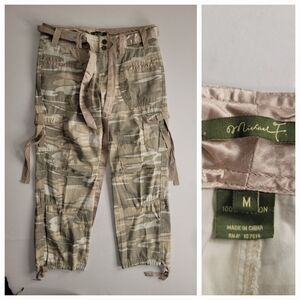 Michael F Cargo Camo Pants Medium Straight Ankle Drawstring Belted Green 90s Y2K